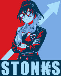 1girl absurdres arrow_(symbol) barack_obama_hope_poster blue_background cahryos closed_mouth collared_shirt crossed_arms earrings hair_intakes highres hololive hololive_english jacket jewelry kronii_coin_(meme) long_hair meme military_uniform necktie ouro_kronii poster_parody red_background shirt solo stonks_(meme) sunglasses two-tone_background virtual_youtuber