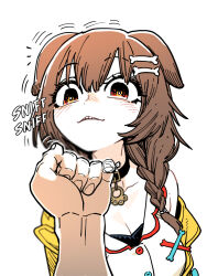 1girl 1other animal_collar animal_ears bone_hair_ornament breasts brown_eyes brown_hair cartoon_bone cleavage collar commentary_request dog_ears dog_girl hair_ornament highres hololive inugami_korone inugami_korone_(1st_costume) jacket korean_commentary long_hair shirt ssambatea virtual_youtuber white_background white_shirt yellow_jacket