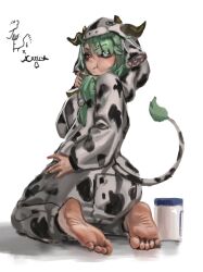 Rule 34 | absurdres, animal print, barefoot, blue eyes, cheek bulge, commentary, cow print, crelly (vtuber), english commentary, green hair, hair ornament, hairclip, heterochromia, highres, indie virtual youtuber, jaeyodesu, kneeling, long hair, looking at viewer, mole, mole under mouth, pajamas, pout, red eyes, signature, white background