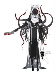 1girl animal_ear_piercing animal_ears black_boots black_dress black_hair black_thighhighs blood bloody_knife boots cleaver contrapposto dress fox_ears full_body gas_mask halterneck holding holding_cleaver holding_knife holding_lamp indie_virtual_youtuber knife long_hair looking_at_viewer mari_the_hybrid mask multicolored_hair original red_eyes side_slit simple_background solo standing stitched_leg stitches tentacles thighhighs two-tone_hair very_long_hair white_background white_hair white_headdress yoimon