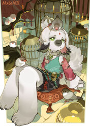 1girl absurdres animal animal_on_head bird bird_on_head birdcage black_hair branch cage cairn_(zenless_zone_zero) chinese_clothes closed_mouth collar cushion dog_girl facial_mark forehead_mark furry furry_female green_eyes highres long_sleeves magiace mole mole_under_mouth multicolored_hair on_head signature sitting solo tassel topknot zenless_zone_zero
