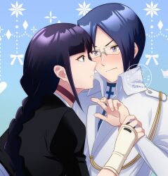 Rule 34 | 1boy, 1girl, black hair, bleach, blue background, blue eyes, blue w moon, blush, braid, choker, embarrassed, eye contact, glasses, green eyes, highres, holding another&#039;s wrist, ishida uryuu, kurotsuchi nemu, long hair, looking at another, red choker, single braid, wavy mouth