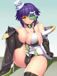 1girl asamura_hiori bare_shoulders black_gloves black_panties black_thighhighs blush breasts cameltoe cleavage collar cosplay dress elbow_gloves female_focus gene_(pso2) gene_(pso2)_(cosplay) gloves hat highres huge_breasts leg_up looking_at_viewer mini_hat mini_top_hat monocle open_mouth panties phantasy_star phantasy_star_online_2 phul_j_lasswitz purple_hair short_hair sitting solo thighhighs top_hat triangle_mouth underwear white_dress yellow_eyes