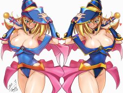 2girls bare_shoulders blonde_hair blue_hat blue_leotard blush blush_stickers bracer breasts cape cleavage collarbone commentary dark_magician_girl dated dual_persona duel_monster gem green_eyes groin hair_between_eyes hand_on_headwear hat heart highres holding holding_wand large_breasts leotard long_hair looking_at_viewer multicolored_leotard multiple_girls pentacle phrygian_helmet pink_cape pink_gemstone pink_hat pink_leotard pink_skirt pink_trim red_gemstone showgirl_skirt signature simple_background skirt smile thighs two-tone_hat two-tone_leotard wand white_background wizard_hat yellow_collar yellow_gemstone yoo_tenchi yu-gi-oh!