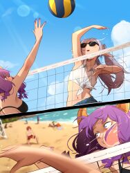 1boy 3girls absurdres arm_up aura_(sousou_no_frieren) beach beach_volleyball bikini black_bikini blue_eyes blue_sky blurry blurry_background cloud commentary crop_top day demon_horns english_commentary fingernails frieren highres horns khyle. laufen_(sousou_no_frieren) lens_flare long_hair midriff motion_blur multiple_girls nail_polish navel ocean outdoors pointy_ears purple_hair purple_nails red_shorts shorts sky slap_mark slap_mark_on_face sousou_no_frieren stark_(sousou_no_frieren) sunglasses swimsuit twintails volleyball white_hair