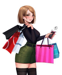 ! 1girl bag belt black_skirt black_thighhighs blush blushedpixie breasts brown_eyes brown_hair casual cellphone commentary cowboy_shot from_side green_skirt highres holding holding_bag holding_phone jujutsu_kaisen kugisaki_nobara long_sleeves looking_at_viewer medium_breasts medium_hair miniskirt motion_lines narrow_waist parted_lips phone pink_lips shopping_bag skirt solo spoken_exclamation_mark swept_bangs thighhighs white_background zettai_ryouiki