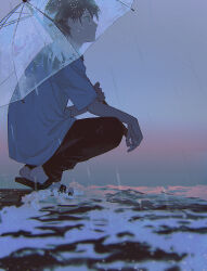 1boy black_eyes black_hair black_pants black_sandals commentary_request from_side full_body highres holding holding_umbrella looking_afar male_focus manuga_(manuga430) original outdoors pants profile rain sandals shirt shore short_hair short_sleeves solo squatting t-shirt transparent transparent_umbrella umbrella water white_shirt