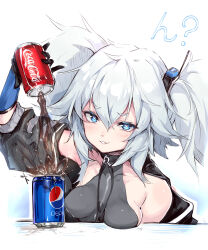 1girl 2019 absurdres bare_shoulders blue_eyes breast_rest breasts bright_pupils can coca-cola collarbone drink_can female_focus girls&#039;_frontline gloves heart heart-shaped_pupils heresy highres pa-15_(girls&#039;_frontline) parted_lips pepsi shanyao_jiang_tororo short_twintails simple_background small_breasts smirk soda soda_can solo symbol-shaped_pupils twintails upper_body white_background white_pupils