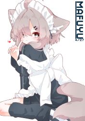 1girl absurdres ahoge animal_ear_fluff animal_ears apron black_jacket black_shoes black_shorts black_socks blush bow brown_eyes brown_hair closed_mouth finger_to_mouth frilled_apron frills from_behind grey_eyes grey_hair hair_ornament hair_over_one_eye hairclip hand_up heart highres index_finger_raised jacket leg_warmers long_sleeves looking_at_viewer looking_back loose_socks mafuyu_(vrchat) maid maid_apron maid_headdress rano_u_rabe shoe_soles shoes shorts simple_background sitting sleeves_past_wrists socks solo strap_slip tail track_jacket unconventional_maid vrchat wariza white_apron white_background white_bow wolf_ears wolf_girl wolf_tail