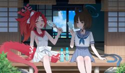 animal_ear_fluff animal_ears black_eyes black_hair blue_archive blue_halo blue_neckerchief blue_skirt blue_sky body_markings bow breasts cat_ears cat_girl cat_tail day doumu_(31678316) dragon_girl dragon_tail eyeshadow food hair_bow halo hand_fan highres horns kikyou_(blue_archive) makeup multiple_tails neckerchief outdoors ponytail popsicle ramune red_eyes red_eyeshadow red_sailor_collar red_tail renge_(blue_archive) sailor_collar school_uniform serafuku sideboob sideless_shirt single_horn skirt sky summer sweat tail tatami two_tails white_skirt wind_chime wooden_floor