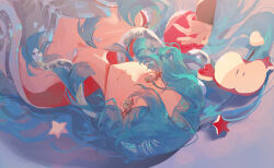 Rule 34 | 1girl, apple, bare shoulders, blue hair, closed mouth, dress, fang, fang out, food, fruit, green eyes, grey dress, hand up, heart, highres, hissabeth, holding, holding food, holding fruit, kubing aaa, long hair, looking at viewer, lying, on back, portrait, red pupils, reverse:1999, sleeveless, sleeveless dress, slit pupils, smile, snake, snake on head, solo, star (symbol), upside-down