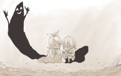 1boy 1girl 1other absurdres allen_avadonia beach black_boots boots bottle bow brother_and_sister child collared_dress collared_shirt corkscrew demon different_shadow dress evil_smile evillious_nendaiki frilled_sleeves frills hair_between_eyes hair_bow hair_ornament hairband hairclip highres holding holding_bottle holding_letter holding_paper kagamine_len kagamine_rin letter long_sleeves monochrome necktie ocean paper paripariparingo ponytail possessed puckered_lips riliane_lucifen_d&#039;autriche sea_spray sepia shirt short_hair short_ponytail siblings smile squatting swept_bangs twins twiright_prank_(vocaloid) vocaloid wide_sleeves