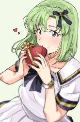 1girl blush box brown_eyes closed_mouth gift gift_box green_background green_hair heart heart-shaped_box highres holding holding_gift idolmaster idolmaster_(classic) idolmaster_stella_stage looking_at_viewer mole mole_under_eye shiika_(idolmaster) shirt short_hair short_sleeves simple_background skirt smile solo tsurui valentine white_shirt white_skirt