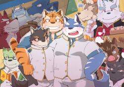 6+boys argo_northrop_(knights_college) bara bathing bear bear_boy boar_boy book brown_eyes celio_delatorre_(knights_college) chalkboard diederich_olsen_(knight&#039;s_college) dog_boy dragon_boy furry furry_male glasses grantly_bell grin hand_on_another&#039;s_shoulder hermann_furst_von_eden_(knights_college) highres holding holding_book inakamichi jacket julius_quignard knights_college lion_boy lord_baten lord_scheat male_focus multiple_boys necktie onsen oscar_lawrence_(knights_college) panther_boy paul_pfitzner_(knight_college) polar_bear red_eyes red_necktie smile theo_prinz_von_harshreich tiger_boy towel towel_on_head white_jacket