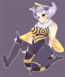 1girl antennae arthropod_girl bare_shoulders bee bee_girl bug capcom darkstalkers donguri_(acorncafe) female_focus fur insect insect_girl insect_wings monster_girl no_pupils pantyhose purple_background purple_hair q-bee short_hair simple_background sleeveless solid_eyes solo wings