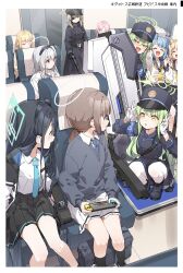 :o absurdres animal_ear_fluff animal_ears aris_(blue_archive) black_boots black_coat black_gloves black_hair black_hairband black_hat black_jacket black_shirt black_skirt black_socks blonde_hair blue_archive blue_necktie blue_vest blush boots brown_hair cat_ears cat_girl character_request closed_eyes coat double_v eyepatch fang gloves green_hair gun hair_between_eyes hairband handheld_game_console hat highlander_railway_academy_student_(blue_archive) highlander_railway_academy_student_(hg)_(blue_archive) highlander_railway_academy_student_(mg)_(blue_archive) highlander_railway_academy_student_(sg)_(blue_archive) highres hikari_(blue_archive) holding holding_gun holding_handheld_game_console holding_weapon jacket long_hair looking_at_another mossberg_500 necktie nozomi_(blue_archive) one_side_up open_mouth pantyhose peaked_cap pointy_ears ponytail pump_action shirt shotgun sidelocks skin_fang skirt socks squatting suou_(blue_archive) v vest weapon white_hair white_pantyhose white_shirt white_skirt yellow_eyes yukie_(kusaka_shi)