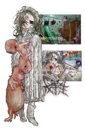 Rule 34 | blonde hair, bloodshot eyes, bruise, bruise on face, coat, crib, crying, dress, english text, fetus, frilled coat, frilled dress, frills, highres, horror (theme), hug, indoors, injury, open mouth, original, patch, ribbon, slide, tears, white footwear, white ribbon, wuwuren