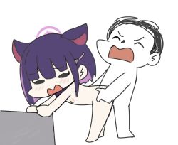 1boy 1girl animal_ears blue_archive bob_cut cat_ears chibi completely_nude doggystyle doodle_sensei_(blue_archive) halo hetero highres kazusa_(blue_archive) medium_hair nipples nude parody purple_hair sechi_(sechihyeo)_(style) sensei_(blue_archive) sex sex_from_behind shiijeikun simple_background style_parody white_background