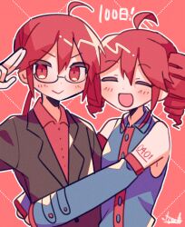 1boy 1girl ahoge black_jacket black_shirt black_sleeves blush buttons closed_eyes closed_mouth collared_shirt detached_sleeves double-parted_bangs drill_hair genderswap genderswap_(ftm) glasses hair_between_eyes hug jacket kasane_ted kasane_teto kasane_teto_(utau) long_sleeves looking_at_viewer open_mouth red_background red_eyes red_hair red_shirt red_trim salute shirt signature sleeveless sleeveless_shirt smile twin_drills two-finger_salute utau yuusuke-kun