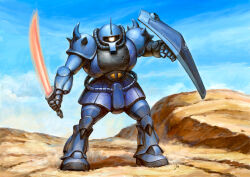 Rule 34 | arm shield, blue sky, cloud, commentary request, day, desert, full body, gouf, gundam, highres, holding, holding sword, holding weapon, horns, legs apart, looking at viewer, mecha, mecha focus, mobile suit, mobile suit gundam, no humans, one-eyed, outdoors, painting (medium), robot, science fiction, shoulder spikes, single horn, sky, solo, spikes, standing, sword, traditional media, watercolor (medium), weapon, yellow eyes, youkoumori