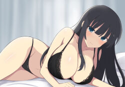 Rule 34 | 1girl, aqua eyes, black bra, black hair, black panties, bra, breasts, cleavage, highres, ikaruga (senran kagura), large breasts, long hair, looking at viewer, lying, manjou (q tiwj), navel, on bed, panties, senran kagura, senran kagura estival versus, senran kagura new link, senran kagura shinovi versus, smile, solo, underwear, user anda2427