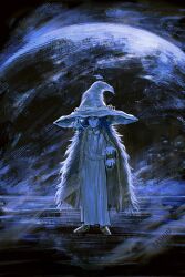 1girl artist_name blue_hat blue_skin cape colored_skin commentary elden_ring english_commentary extra_faces full_body fur_cape hat highres one_eye_closed planet ranni_the_witch rashuu reaching reaching_towards_viewer robe scene_reference solo standing twitter_username white_robe witch_hat