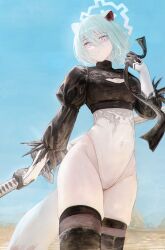 Rule 34 | 1girl, 2b (nier:automata), 2b (nier:automata) (cosplay), absurdres, animal ears, aqua hair, black boots, black gloves, black thighhighs, blue archive, boots, breasts, cleavage, closed mouth, cosplay, covered navel, flippy (cripine111), gloves, hair between eyes, halo, highres, holding, juliet sleeves, leotard, long sleeves, looking at viewer, nier (series), puffy sleeves, shigure (blue archive), short hair, solo, standing, tail, thigh boots, thighhighs, weasel ears, weasel girl, weasel tail, white leotard