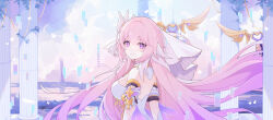 1girl absurdres bell breasts chinese_commentary commentary_request corset diamond-shaped_pupils diamond_(shape) elysia_(herrscher_of_human:_ego)_(honkai_impact) elysia_(honkai_impact) from_side glitch hahaxiaodou highres honkai_(series) honkai_impact_3rd large_breasts long_hair looking_at_viewer pink_hair purple_eyes smile solo stone_pillar symbol-shaped_pupils upper_body veil very_long_hair white_corset white_veil