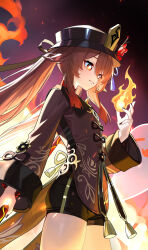 1girl absurdres black_hat black_jacket black_nails black_shorts brown_hair check_clothing chinese_clothes chinese_commentary clothing_request commentary_request cowboy_shot fire flower genshin_impact hat hat_flower highres holding holding_polearm holding_weapon hu_tao_(genshin_impact) jacket long_sleeves nail_polish orange_eyes parted_lips polearm red_flower shorts smile solo thighs weapon yueyueyue_yao