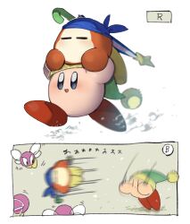 bandana bandana_waddle_dee blue_bandana blush_stickers bronto_burt button_prompt carrying_overhead closed_eyes colored_skin copy_ability gameplay_mechanics green_hat hat kirby kirby:_battle_royale kirby_(series) magnesiumdance nintendo pink_skin pom_pom_(clothes) star_(symbol) sword_kirby throwing umbrella