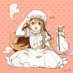2girls absurdres blush broom brown_hair dress elbow_gloves gloves hat hataraku_saibou highres holding holding_broom long_hair long_sleeves looking_at_viewer macrophage_(hataraku_saibou) maid mob_cap multiple_girls platelet_(hataraku_saibou) puffy_long_sleeves puffy_short_sleeves puffy_sleeves riizart short_sleeves sparkle white_dress white_gloves