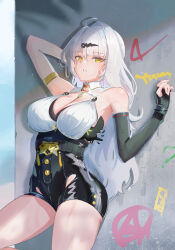 1girl absurdres against_wall arm_up bird black_bird black_gloves black_shorts breasts commentary_request elbow_gloves fingerless_gloves gloves hair_ornament hairclip high-waist_shorts highres large_breasts long_hair looking_at_viewer mole mole_on_chest parted_lips shorts single_elbow_glove solo sweat user_zdnt8555 white_hair yellow_eyes yin_yang_pin yixuan_(zenless_zone_zero) zenless_zone_zero