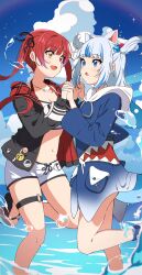 Rule 34 | 2girls, absurdres, animal ears, badge, bikini, bikini under clothes, black jacket, black ribbon, blue eyes, blue hair, blue hoodie, blue nails, blue sky, blue socks, blunt bangs, breasts, bubble, button badge, cat ears, cleavage, cloud, crop top, cube hair ornament, cumulonimbus cloud, day, diffraction spikes, dolphin shorts, earrings, fang, feet, fingernails, fins, fish tail, floating, floating hair, gawr gura, gawr gura (1st costume), gradient hair, hair ornament, hair ribbon, haru yu, heart, heart earrings, heart necklace, heterochromia, highres, holding hands, hololive, hololive english, hood, hoodie, houshou marine, houshou marine (summer), interlocked fingers, jacket, jewelry, long hair, long sleeves, looking at another, medium breasts, midriff, multicolored hair, multiple girls, nail polish, navel, necklace, no pants, o-ring, o-ring thigh strap, ocean, official alternate costume, open clothes, open jacket, open mouth, outdoors, pouch, purple hair, red eyes, red hair, ribbon, sandals, shark girl, shark hair ornament, shark print, shark tail, shinkiro (hololive), shoes, short shorts, shorts, sidelocks, sky, smile, sneakers, socks, standing, standing on one leg, streaked hair, swimsuit, tail, thigh strap, toes, twintails, virtual youtuber, wading, white footwear, white hair, white hood, white shorts, wide sleeves, yellow eyes