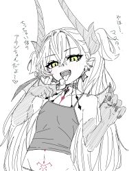 1girl aged_down bare_shoulders black_hands body_markings breasts camisole candy choker colored_extremities crossed_bangs demon_girl demon_horns demon_wings earrings fate/grand_order fate_(series) food green_eyes greyscale hair_between_eyes highres horns jewelry lilith_(fate) lilith_(third_ascension)_(fate) lollipop long_hair looking_at_viewer monochrome navel niwaikanai open_mouth panties pointy_ears small_breasts spot_color stomach_tattoo tattoo tongue tongue_out translation_request underwear very_long_hair wings
