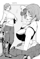 1girl :d artist_name blush breasts commentary_request dated gloves grey_background greyscale helmet highres holding holding_helmet holding_tool kichihachi large_breasts looking_at_viewer monochrome motor_vehicle motorcycle multiple_views open_mouth original pants shoes short_hair sitting smile standing two-tone_background white_background
