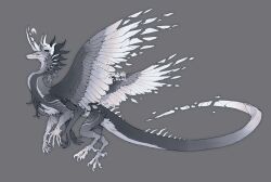 Rule 34 | artist name, bird wings, breaking, dated, dragon, dragon horns, extra arms, extra eyes, feathered wings, feathers, from side, full body, grey background, grey feathers, grey fur, greyscale, highres, horns, long neck, long tail, monochrome, multiple horns, original, shuini xiaomao, simple background, spines, tail, talons, twitter username, white feathers, wings