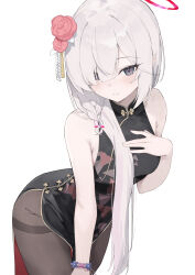 1girl black_pantyhose blue_archive china_dress chinese_clothes dress flower hair_ornament hair_over_one_eye halo highres long_hair nihnfinite8 pantyhose plana_(blue_archive) simple_background solo white_background
