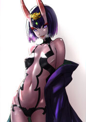 1girl absurdres breasts fangs fate/grand_order fate_(series) fukou hair_ornament highres horns japanese_clothes kimono looking_at_viewer navel oni purple_eyes purple_hair purple_kimono revealing_clothes short_hair shuten_douji_(fate) shuten_douji_(first_ascension)_(fate) small_breasts smile solo white_background