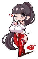 1girl absurdres bodysuit breasts brown_hair cropped_shirt eve_(neurolink_suit)_(nikke) eve_(stellar_blade) full_body goddess_of_victory:_nikke highres large_breasts official_alternate_costume one_eye_closed red_bodysuit shift_up simple_background solo stellar_blade white_background wide_hips zakuroten