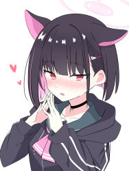 1girl absurdres animal_ears black_choker black_hair black_jacket blue_archive blush cat_choker cat_ears choker collarbone colored_inner_hair commentary_request dress green_sailor_collar hair_ornament hairclip hayoo_ww heart highres hood hooded_jacket jacket kazusa_(blue_archive) long_sleeves looking_at_viewer medium_hair multicolored_hair neckerchief nose_blush open_mouth pink_hair pink_neckerchief red_eyes sailor_collar sidelocks simple_background solo upper_body white_background