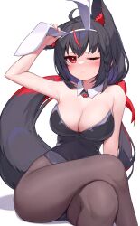 1girl absurdres ahoge animal_ear_fluff animal_ears bare_shoulders black_hair blush bow bowtie braid breasts cleavage crossed_legs dark_persona deaver detached_collar fake_animal_ears fox_ears fox_girl fox_tail hair_between_eyes highres hololive kurokami_fubuki large_breasts leotard long_hair looking_at_viewer one_eye_closed pantyhose playboy_bunny rabbit_ears red_eyes sidelocks single_braid solo strapless strapless_leotard sweat tail virtual_youtuber