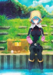 1girl absurdres ayanami_rei black_ black_bodysuit blue_hair blue_sky bodysuit breasts bush copyright_name evangelion:_3.0+1.0_thrice_upon_a_time farmer food gloves grass hat highres looking_at_viewer mecha_pilot_suit nature neon_genesis_evangelion official_art onion plugsuit_(evangelion) potato rebuild_of_evangelion red_eyes scan simple_background sitting sky smile solo straw_hat thighs vegetable water wide_hips