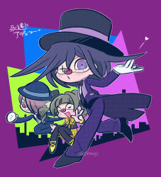 1girl 2boys alternate_costume black_bow black_bowtie blonde_hair blowing_kiss bow bowl bowl_hat bowtie brown_hair chibi chibi_only cityscape clown_mask clown_nose commentary_request danganronpa_(series) danganronpa_v3:_killing_harmony dice_members_(danganronpa) dress flipped_hair full_body gloves hair_between_eyes hat heart highres jacket kotelo-ng long_hair long_sleeves male_focus mask masquerade_mask mini_hat mini_top_hat multiple_boys oma_kokichi one_eye_covered open_mouth outline purple_background purple_eyes purple_hair running short_hair skyline smile top_hat tuxedo twintails twitter_username v white_gloves yellow_bow yellow_bowtie