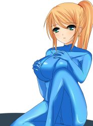 1girl blonde_hair bodysuit breasts female_focus green_eyes huge_breasts latex long_hair metroid nintendo p3 ponytail samus_aran sitting skin_tight solo white_background zero_suit