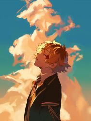 Rule 34 | 1boy, absurdres, ace trappola, adam&#039;s apple, arm ribbon, black jacket, closed eyes, cloud, collared shirt, cumulonimbus cloud, diagonal-striped clothes, diagonal-striped necktie, facial mark, from side, head back, highres, jacket, lapels, male focus, necktie, night raven college uniform, notched lapels, orange hair, parted bangs, parted lips, profile, ribbon, roku maruru, school uniform, shirt, sky, solo, striped clothes, suit jacket, teeth, twisted wonderland, upper body, white shirt, wing collar