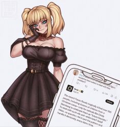 1girl ani_(xai) asymmetrical_legwear bare_shoulders black_dress black_gloves black_thighhighs blonde_hair blue_eyes breasts cellphone cleavage closed_mouth commentary dress english_commentary english_text fishnet_thighhighs fishnets gloves grok_(xai) hand_on_own_face large_breasts looking_at_viewer phone puffy_short_sleeves puffy_sleeves redteneri short_sleeves smartphone smile thighhighs twintails twitter twitter_screenshot white_background xai_(company)