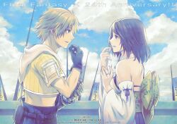 1boy 1girl anniversary back_bow black_gloves blonde_hair blue_eyes bow brown_hair commentary_request copyright_name detached_sleeves eye_contact final_fantasy final_fantasy_x gloves highres japanese_clothes long_hair looking_at_another open_mouth outdoors quichi_91 sash standing tidus yuna_(ff10)