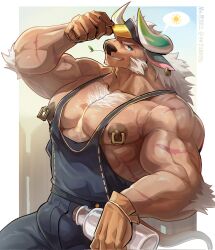 1boy adjusting_clothes adjusting_headwear animal_ears areola_slip bara blue_overalls bottle brown_gloves bulge chest_hair cow_boy cow_ears cow_horns cow_tail dallawan_(xxl) dark_areolae dark_nipples dark_skin earrings furry furry_male gloves highres horns jewelry large_areolae large_pectorals looking_at_viewer lying male_focus milk_bottle mouth_hold muscular muscular_male nipple_piercing nipples on_side overalls pectorals piercing scar scar_on_arm scar_on_face simple_background smile stalk_in_mouth sun tail visor_cap vv92890531 white_hair xxl_woofia yaoi