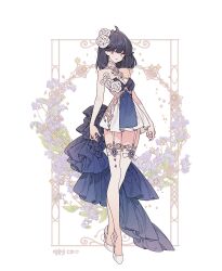 Rule 34 | 1girl, bare shoulders, black hair, blue gemstone, breasts, cleavage, collar, commentary, commission, dress, fashion, floral background, flower, frilled dress, frilled straps, frills, full body, garter straps, gem, gold embroidery, hair ornament, high heels, lemon89h, looking at viewer, medium breasts, medium hair, original, pink nails, rococo movement, rose, short dress, solo, standing, white flower, white rose