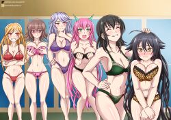 6+girls ^_^ ahoge animal_print arms_under_breasts asuka_(senran_kagura) bare_shoulders black_bra black_hair black_panties blonde_hair blush bow bow_bra bow_panties bra breasts brown_hair cleavage closed_eyes closed_mouth crossed_arms embarrassed frilled_bra frilled_panties frills gluteal_fold grabbing_own_breast green_bra green_eyes green_horns green_panties grey_hair grin groin hair_between_eyes hair_down hand_on_another&#039;s_head headpat horns hyoki_(senran_kagura) indoors lace lace-trimmed_bra lace-trimmed_panties lace_trim large_breasts leopard_print linea_alba long_hair maki_(senran_kagura) masnak30 miki_(senran_kagura) multiple_girls navel open_mouth panties patreon_username paw_print paw_print_pattern pink_bra pink_eyes pink_hair pink_panties purple_bra purple_eyes purple_panties red_bra red_eyes red_panties reki_(senran_kagura) senran_kagura senran_kagura_new_wave senran_kagura_shoujo-tachi_no_shin&#039;ei smile standing strapless strapless_bra teeth underboob underwear upper_teeth_only very_long_hair yellow_eyes yuki_(senran_kagura)